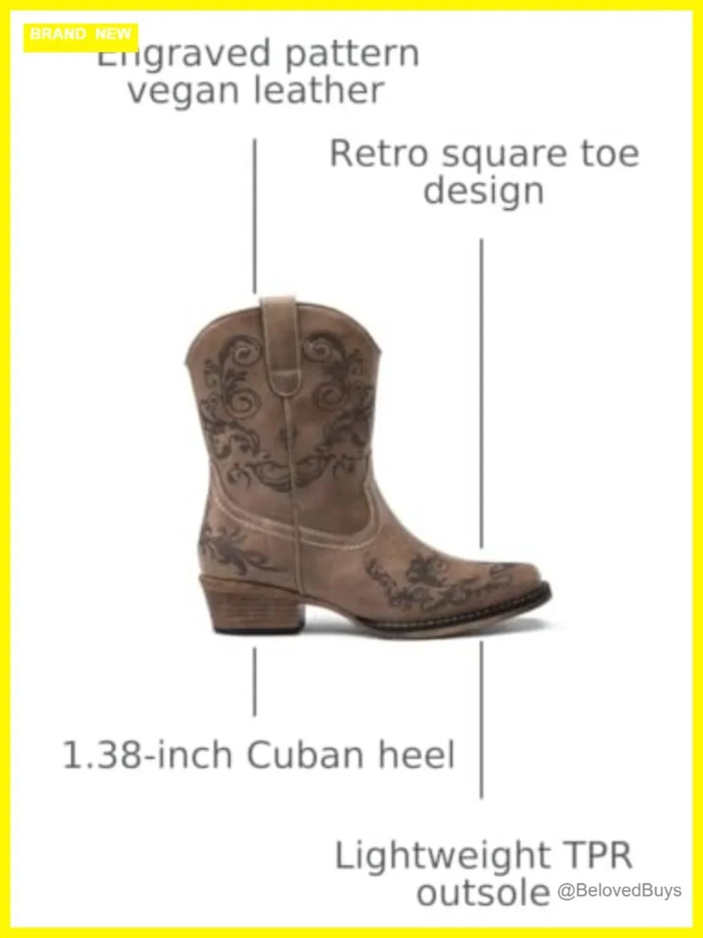 Women's Square Toe Western Ankle Boots with Side Zipper Faux Leather